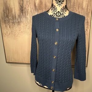 Talbots Blue Cable Knit Cardigan Medium Gold Buttons